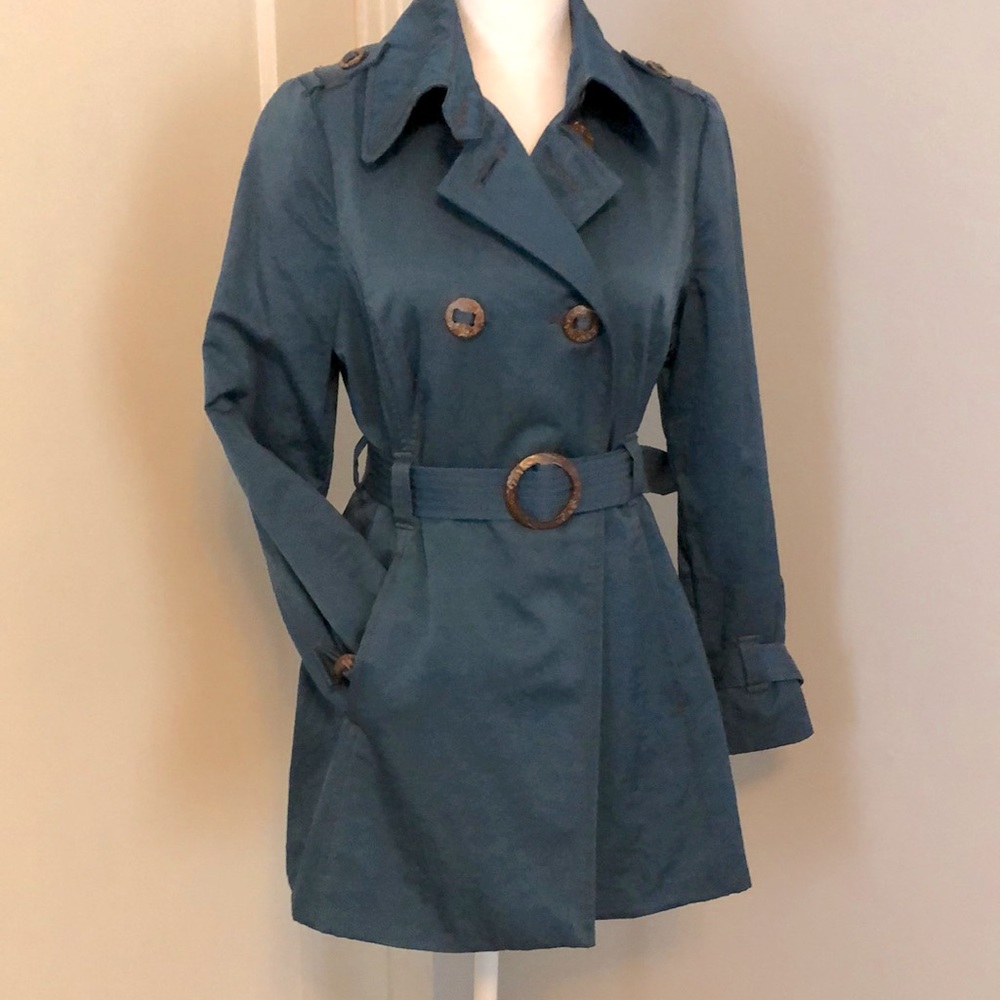 Metallic teal trench coat